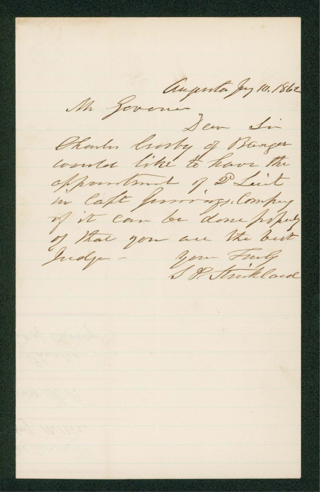 Miniature of S.P. Strickland recommends Charles Crosby for a commission as 2nd Lieutenant