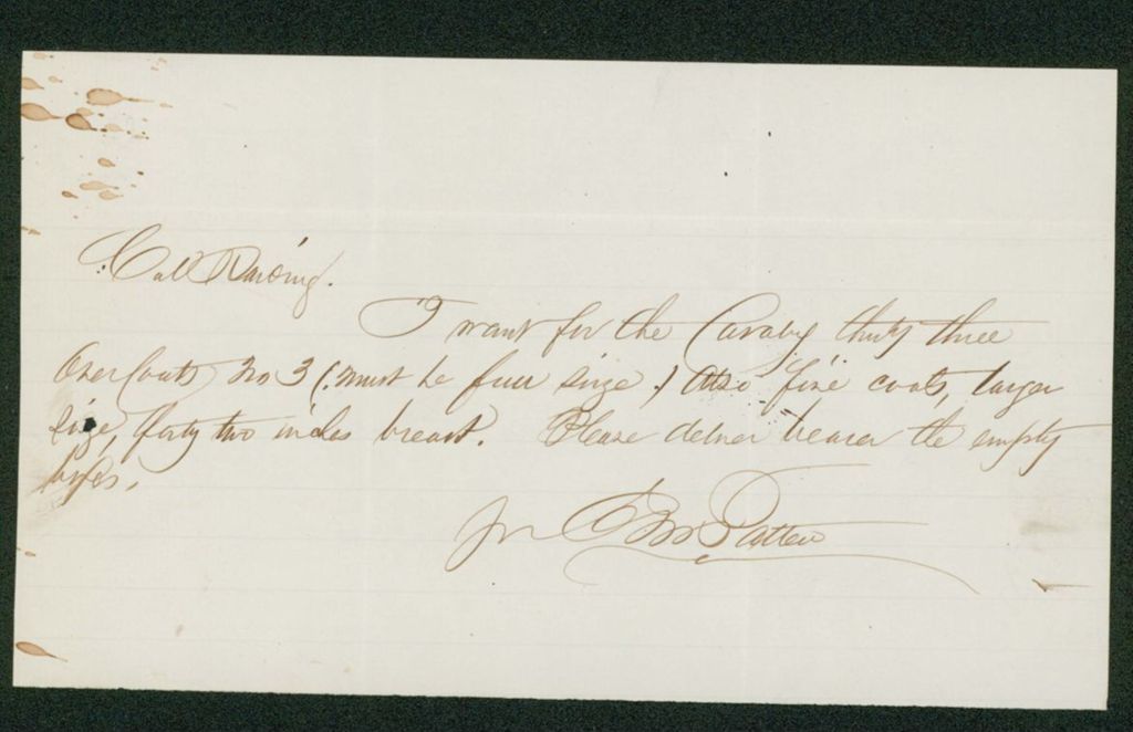 Miniature of Quartermaster Patten requests coats for the Cavalry