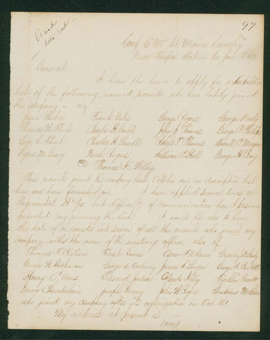 Miniature of Captain George M. Brown sends a list of recent recruits to Adjutant General Hodsdon