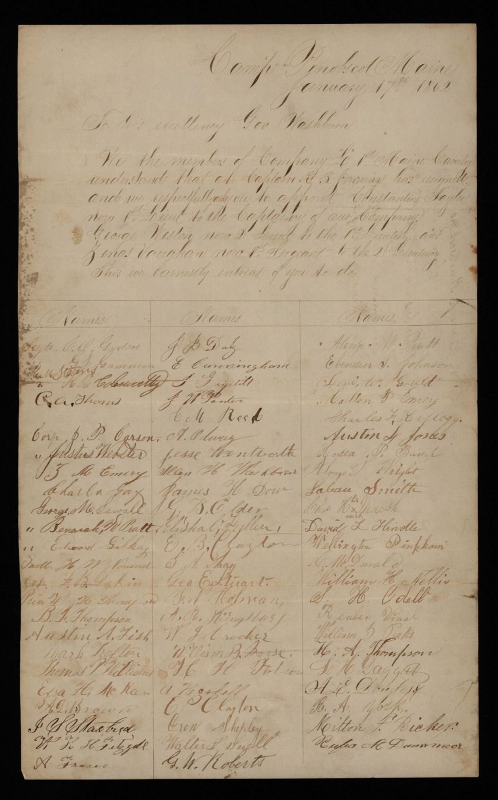 Miniature of Alonzo Pratt and other members of Company L request Constantine Taylor as Captain