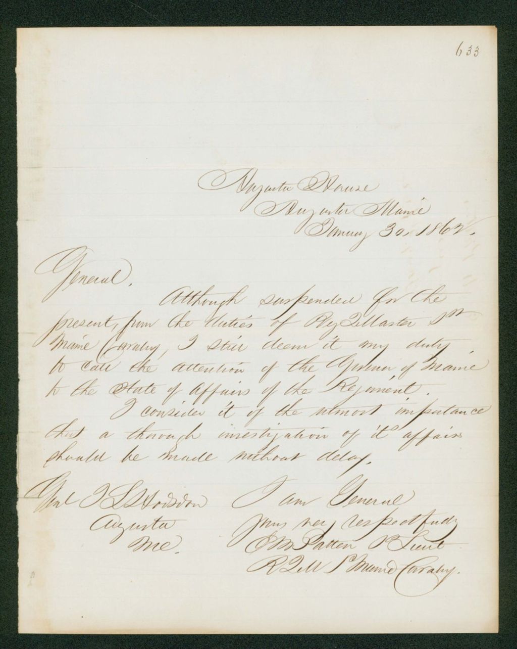 Miniature of Quartermaster Patten requests a thorough investigation of the regiment