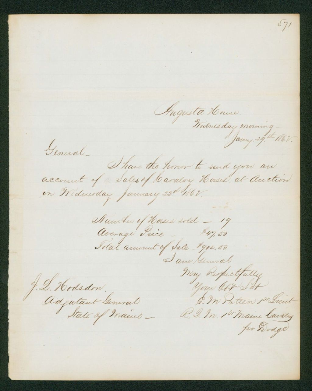 Miniature of Quartermaster Patten reports the sale of cavalry horses at auction