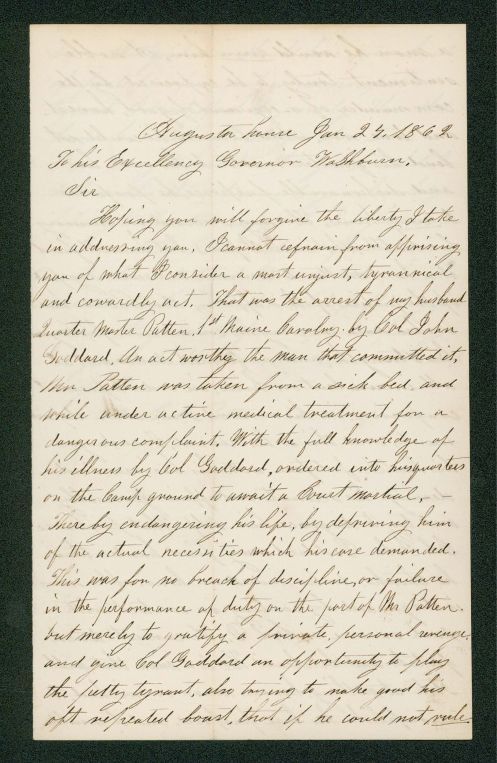 Miniature of Mrs. Edwin Patten complains to Governor Washburn about her husband's poor treatment by Colonel John Goddard