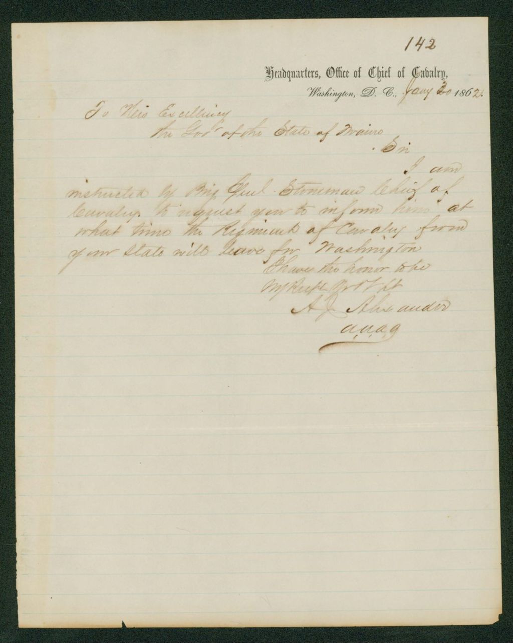 Miniature of A.J. Alexander inquires when the cavalry will leave Maine