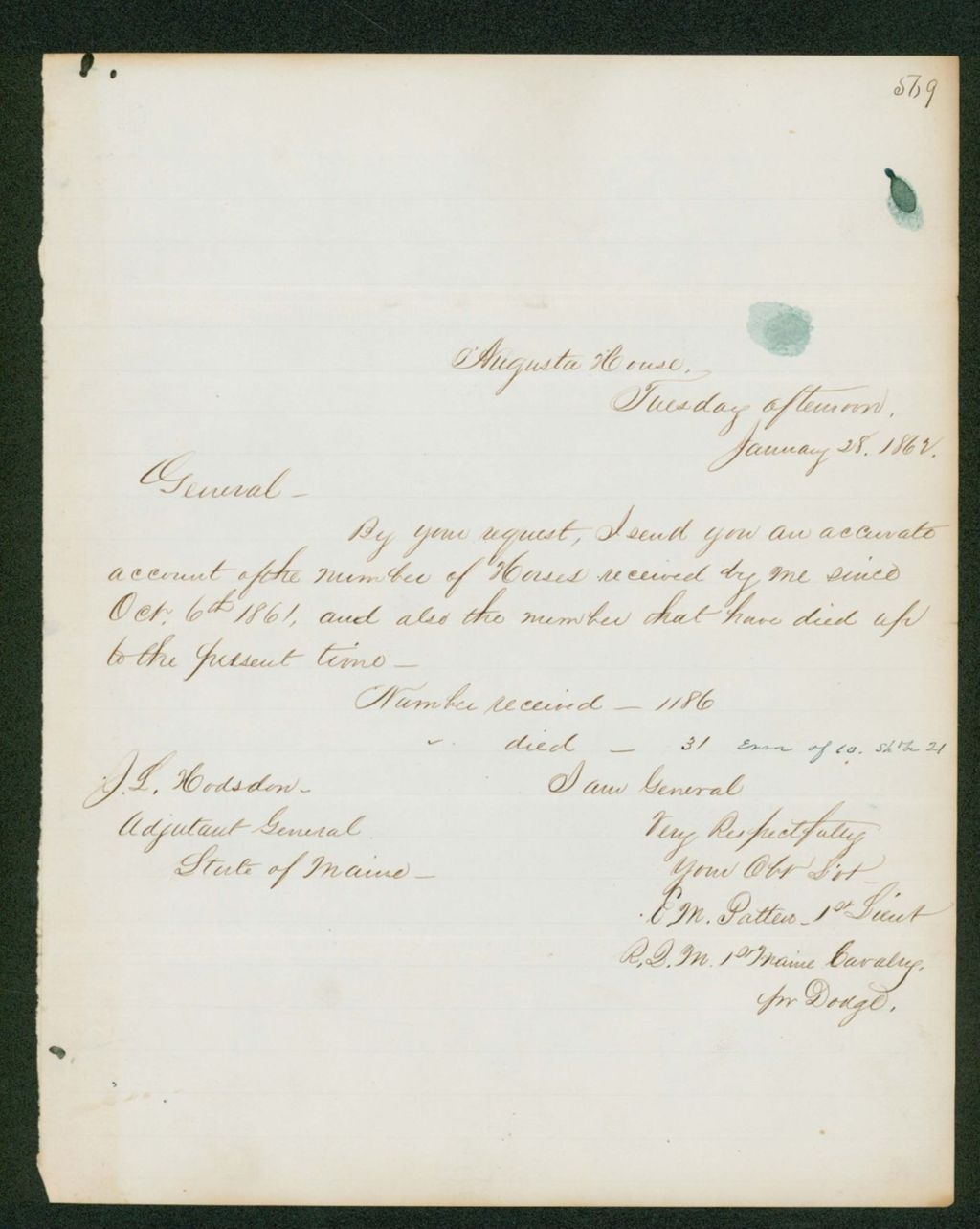 Miniature of Quartermaster Edwin Patten sends a list of horses received and dead