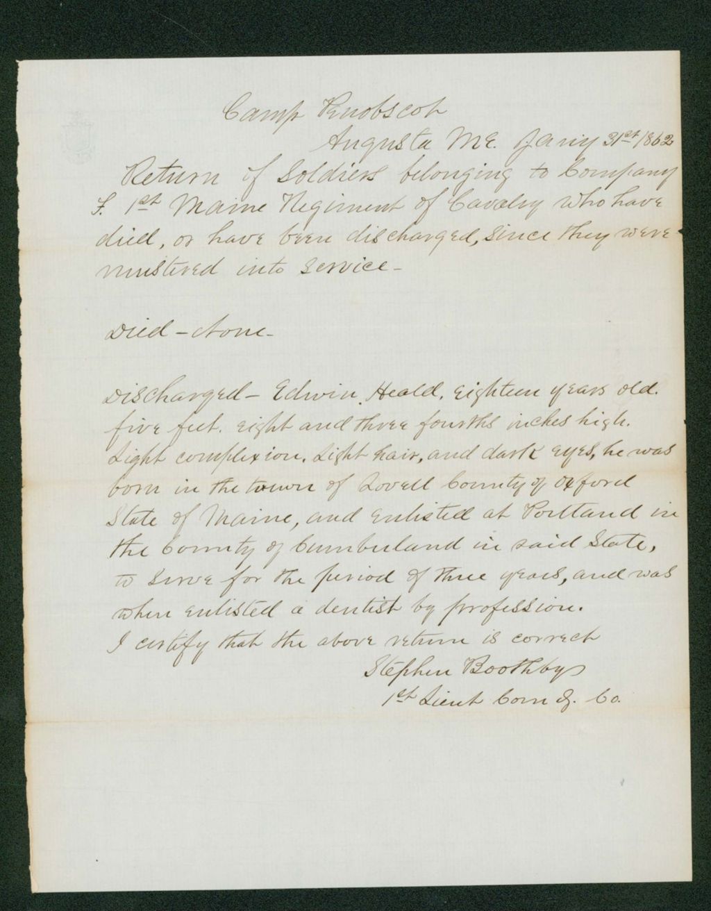 Miniature of Return of Soldiers Belonging to Company F, 1st Maine Regiment of Cavalry Who Have Died, Or Have Been Discharged Since They Were Mustered Into Service