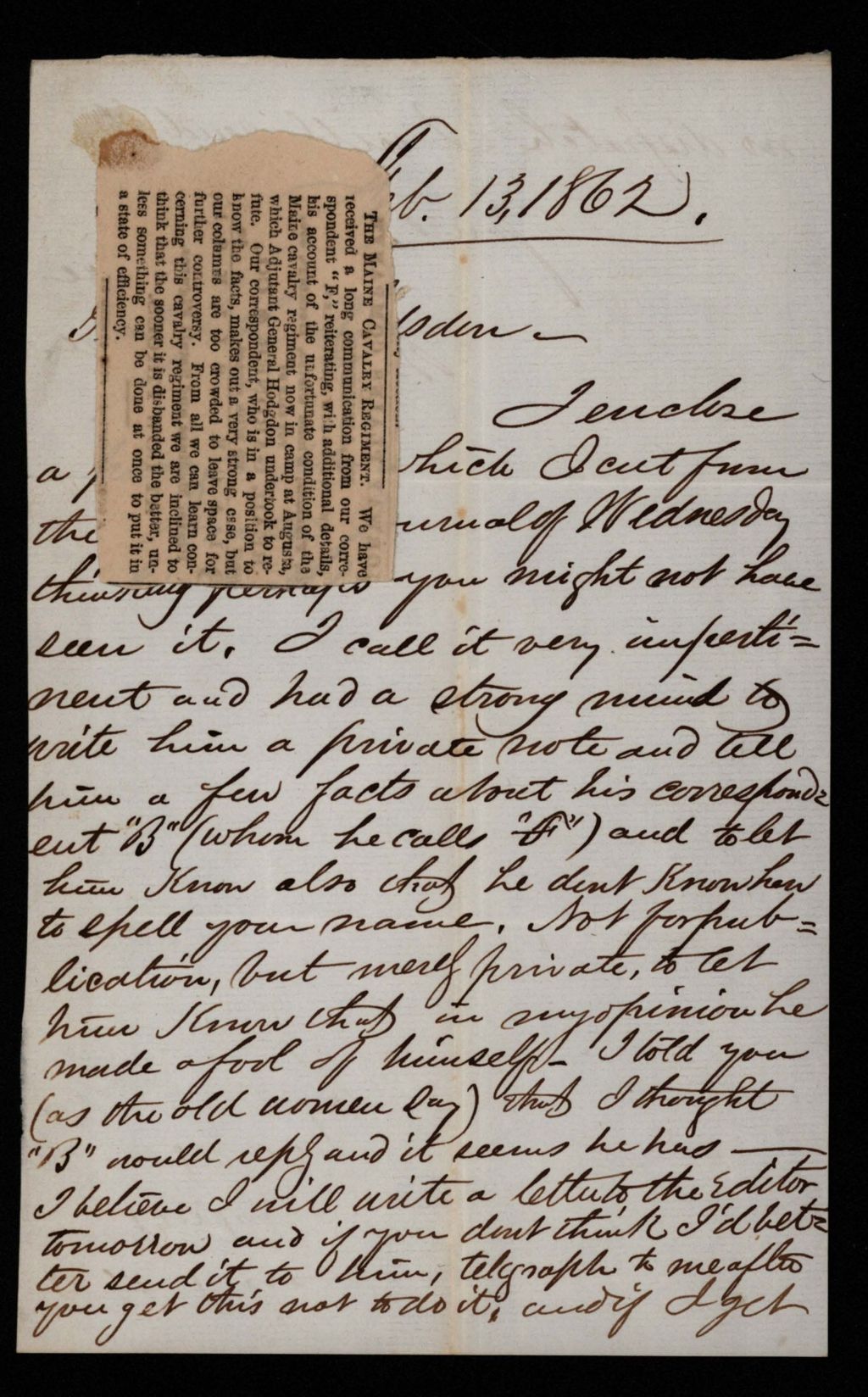 Miniature of Charles H. True forwards a newspaper clipping about the "unfortunate condition" of the cavalry