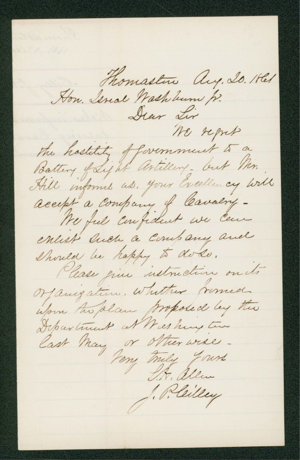 Miniature of Samuel Allen and Jonathan Cilley offer to raise a company of cavalry