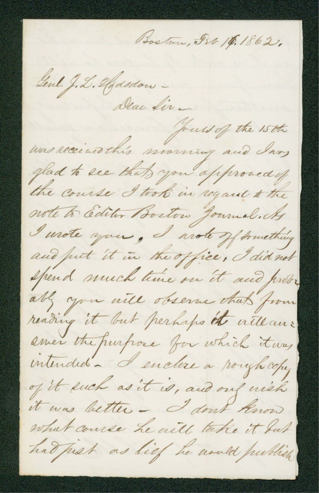 Miniature of Charles H. True writes General Hodsdon regarding True's response to the editor of the Boston Journalv
