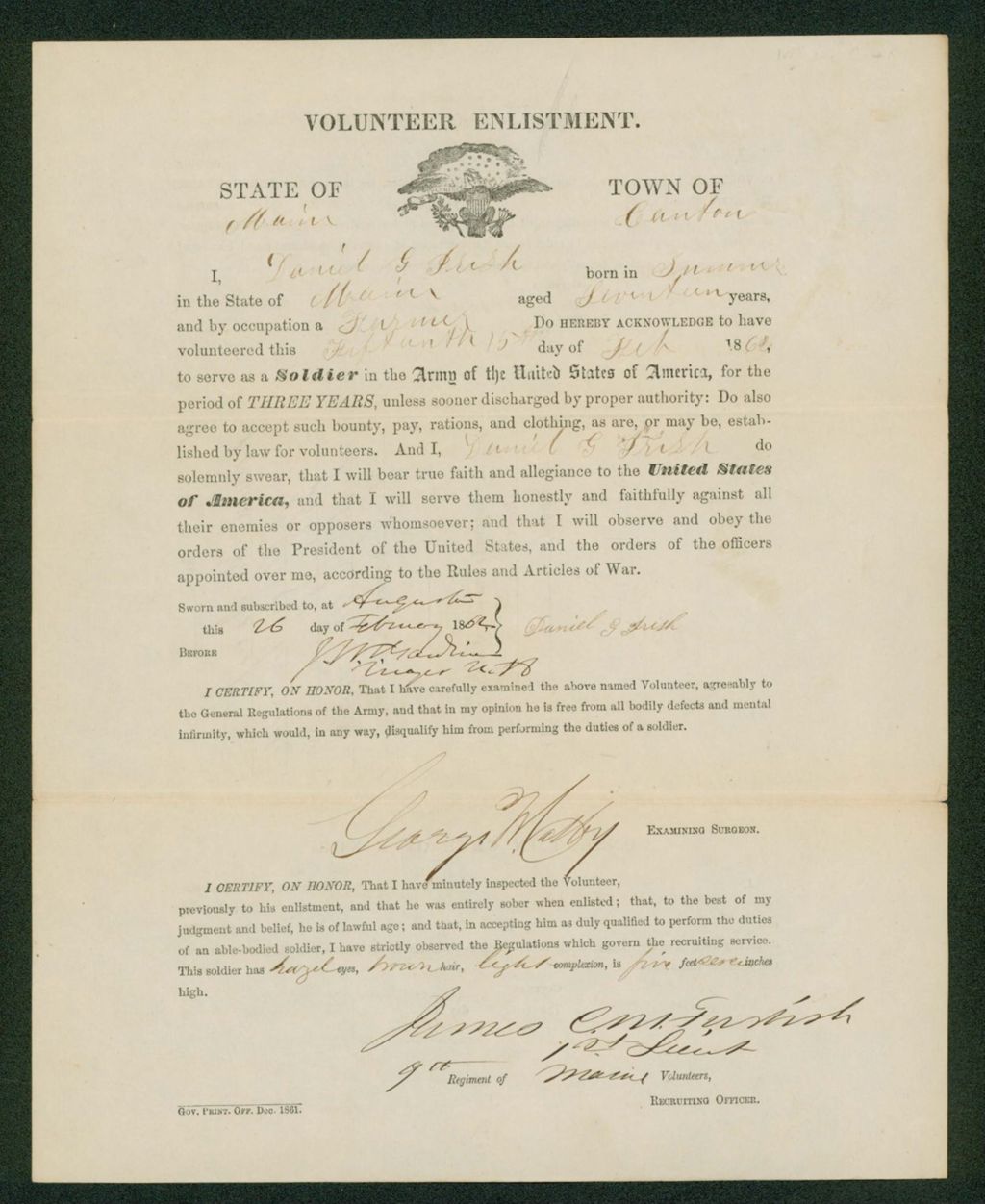 Miniature of Enlistment of Daniel Irish of Canton, Maine