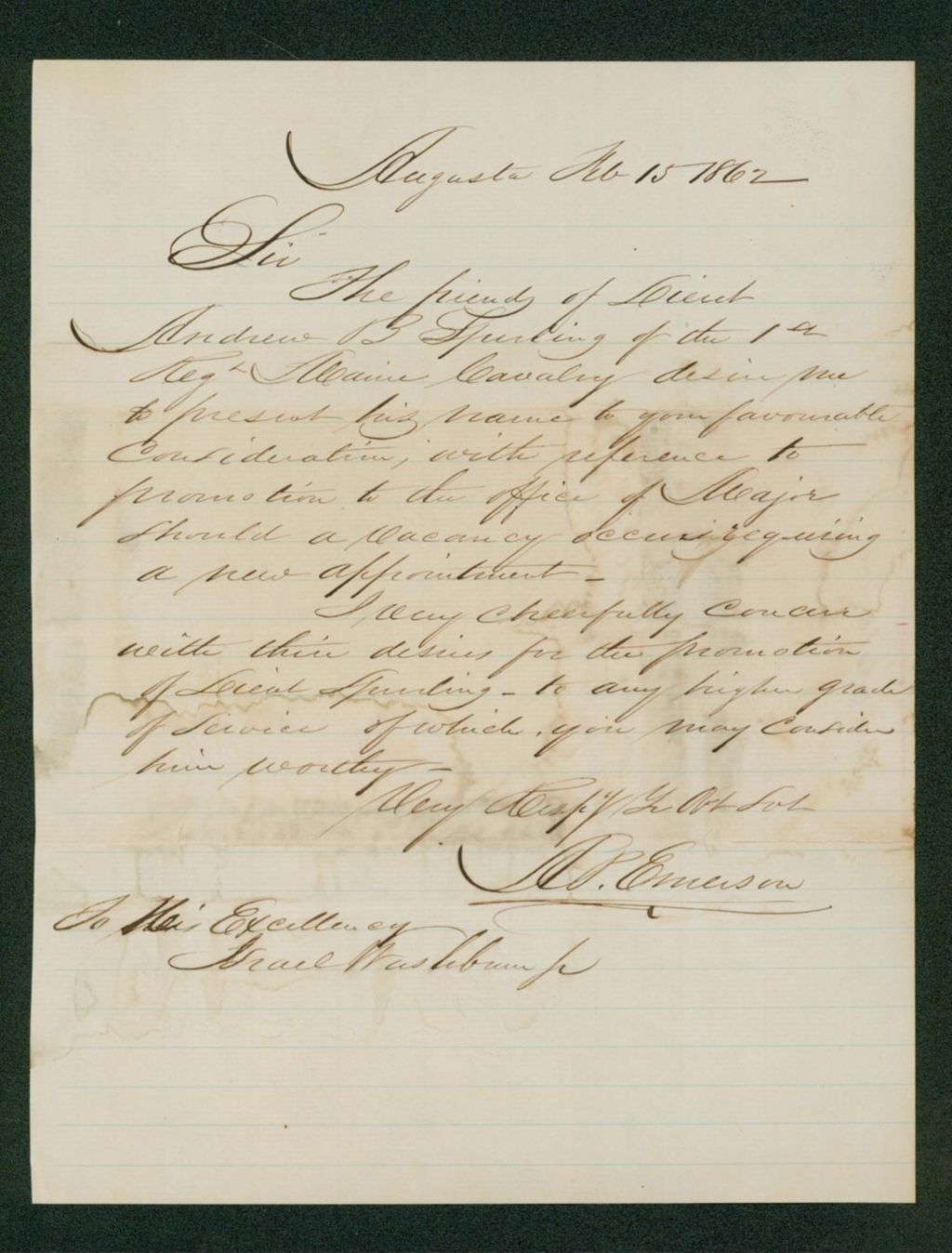 Miniature of A.P. Emerson recommends Lieutenant A.B. Spurling for promotion