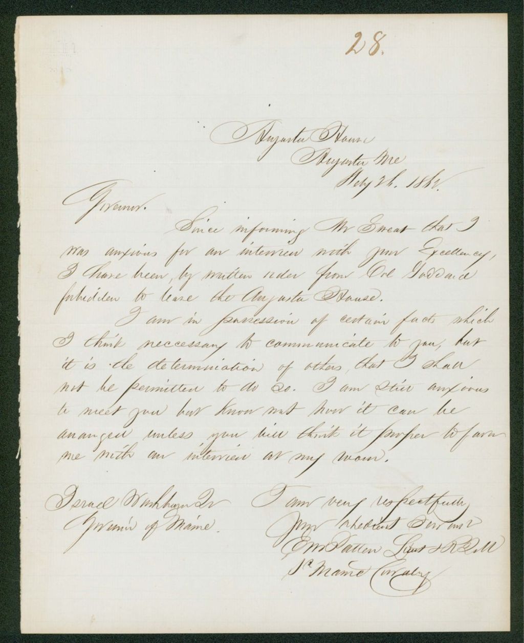 Miniature of Quartermaster E.M. Patten requests a meeting with Governor Washburn