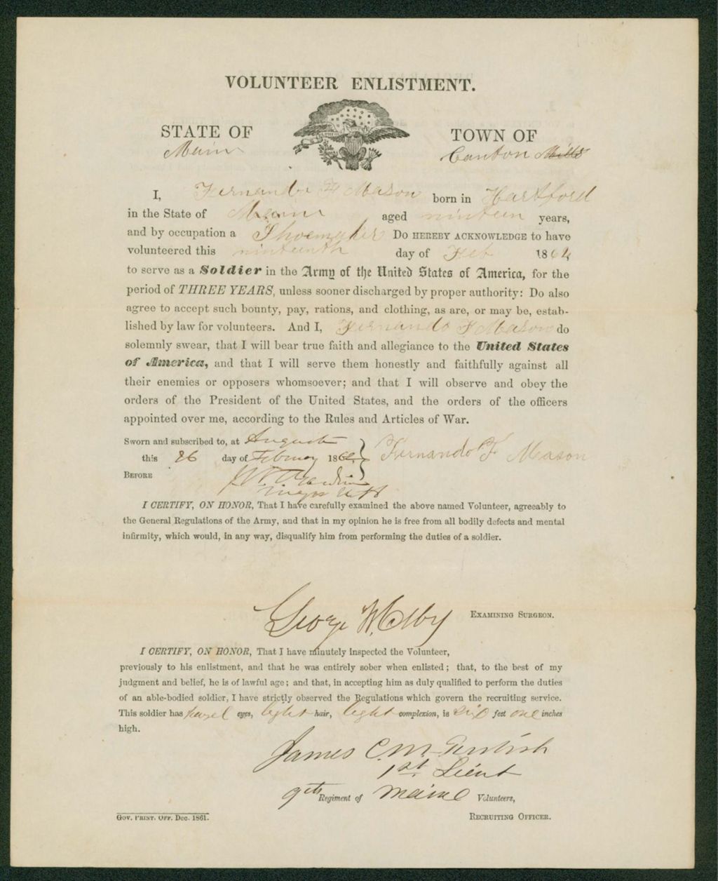 Miniature of Enlistment papers of Fernando F. Mason of Hartford, Maine