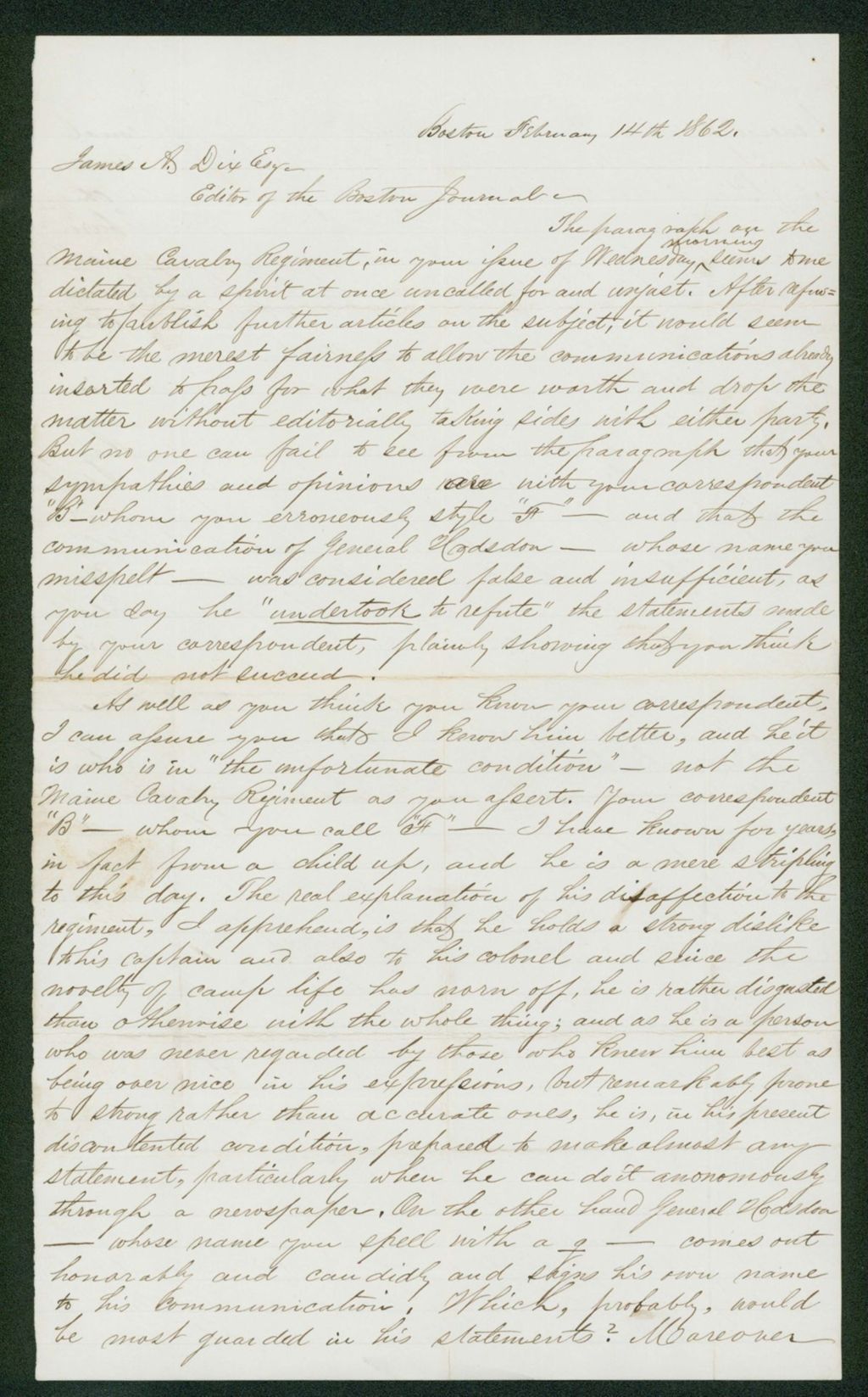 Miniature of Charles True writes James Dix, editor of the Boston Journal