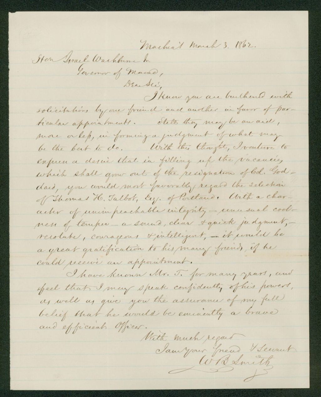 Miniature of W.B. Smith recommends Thomas H. Talbot for field officer