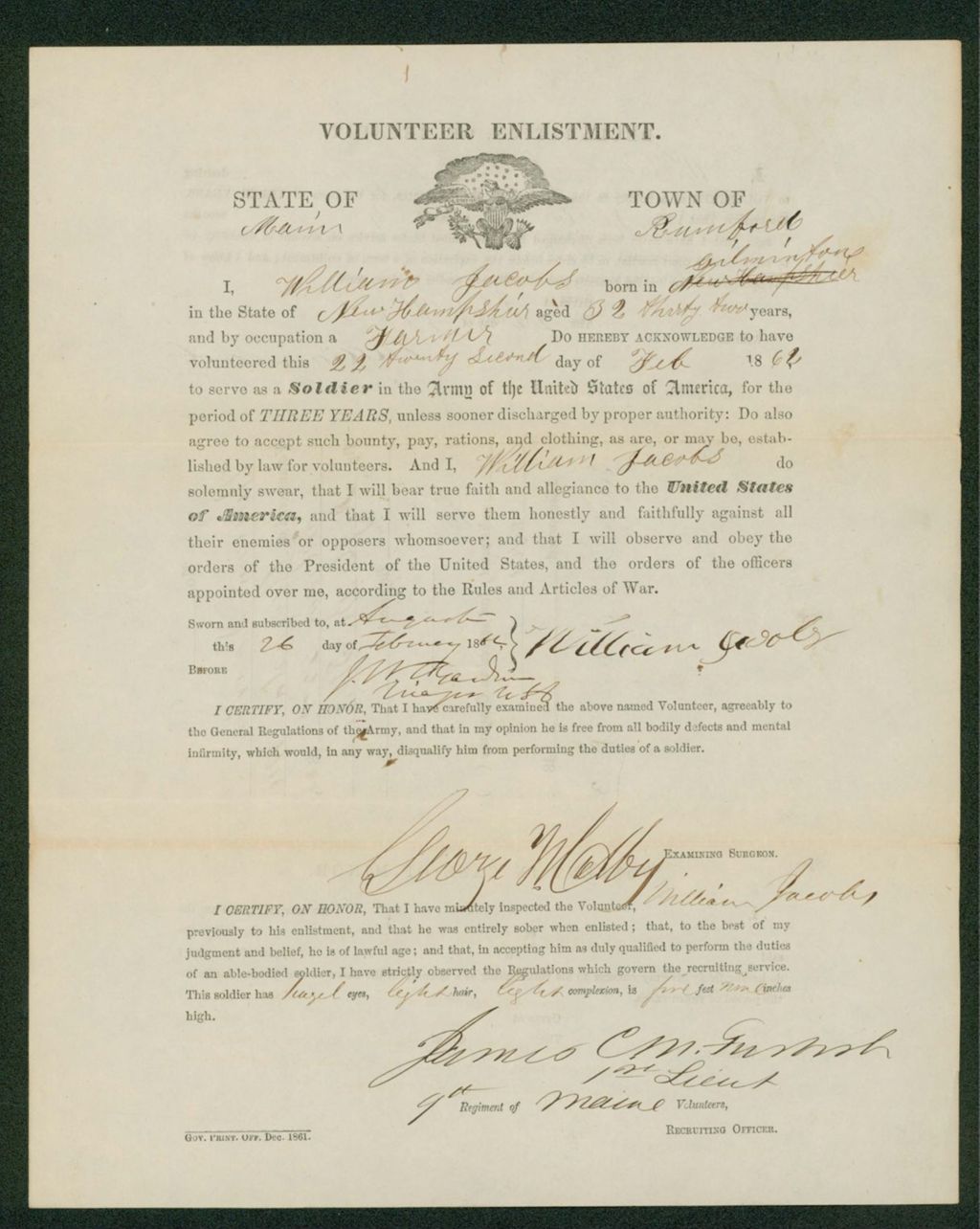 Miniature of Enlistment of William Jacobs of Rumford, Maine