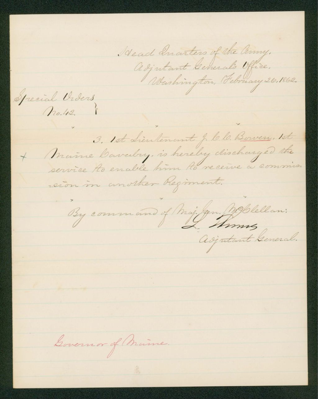 Miniature of Special Order 42 discharging Lieutenant J. Bowen to take a commission in another regiment