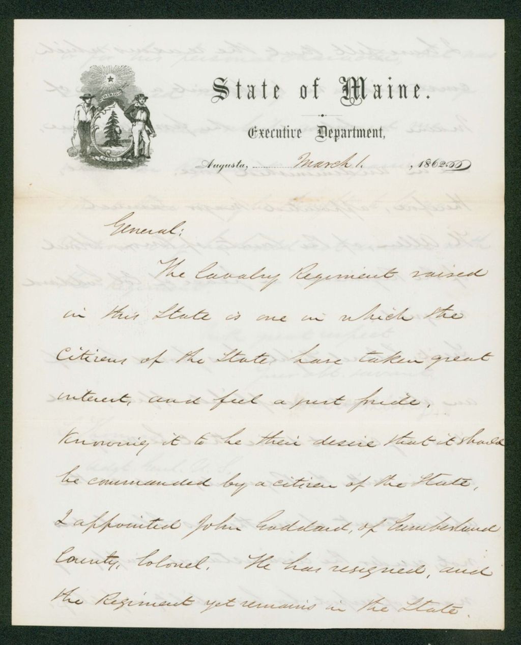 Miniature of Governor Washburn announces resignation of Colonel Goddard and his appointment of Major Samuel Allen in his place