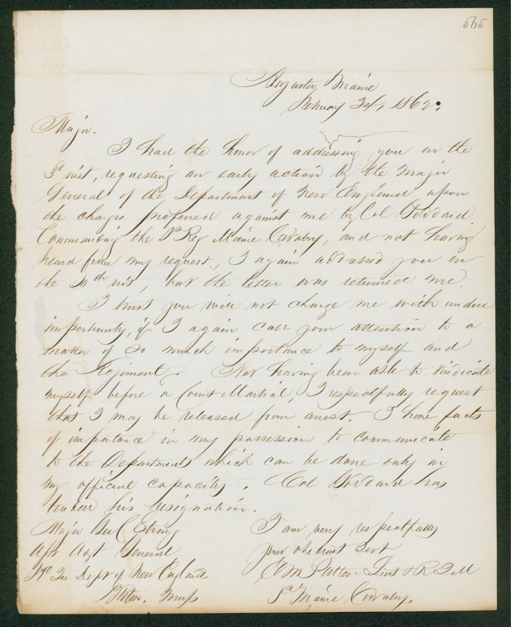 Miniature of Quartermaster Patten writes Major Strong regarding the charges against him