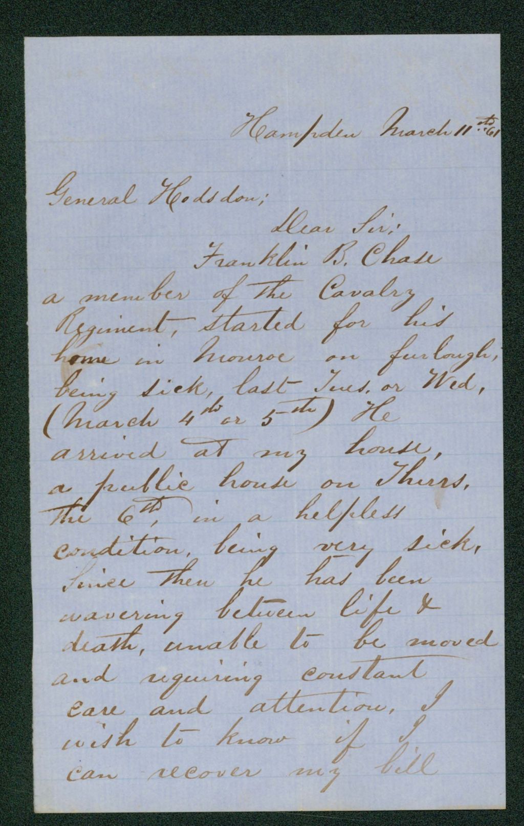 Miniature of George A. Delano wishes reimbursement for caring for the ailing Franklin B. Chase at his public house