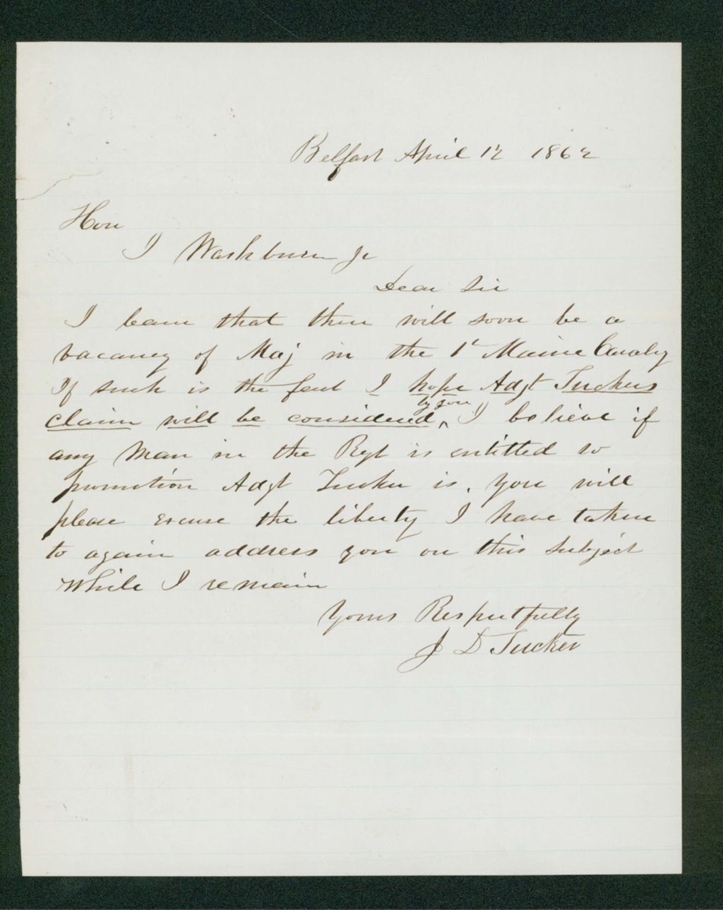 Miniature of J.D. Tucker recommends Adjutant R.F. Tucker for promotion to Major