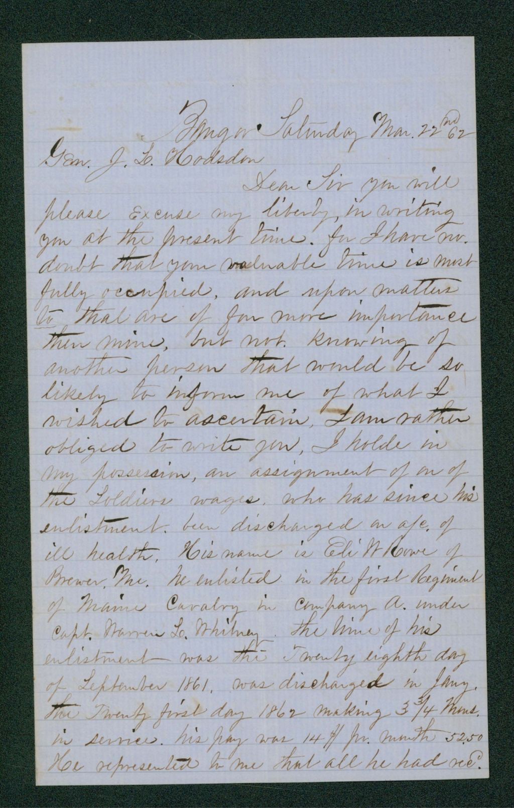 Miniature of George Anson writes General Hodsdon regarding supplies for Eli Rowe of Brewer