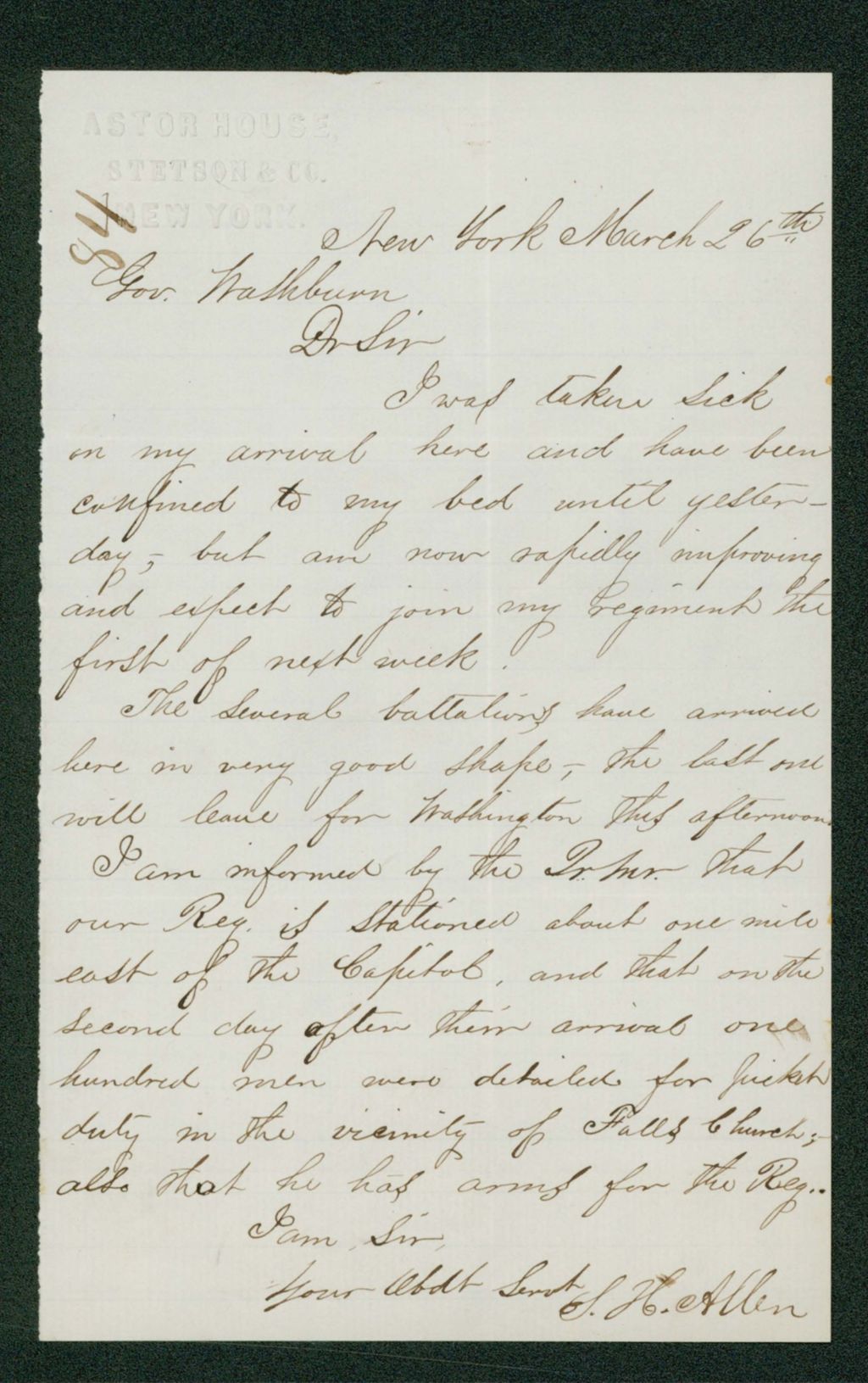 Miniature of S.H. Allen reports that the regiment is on the move