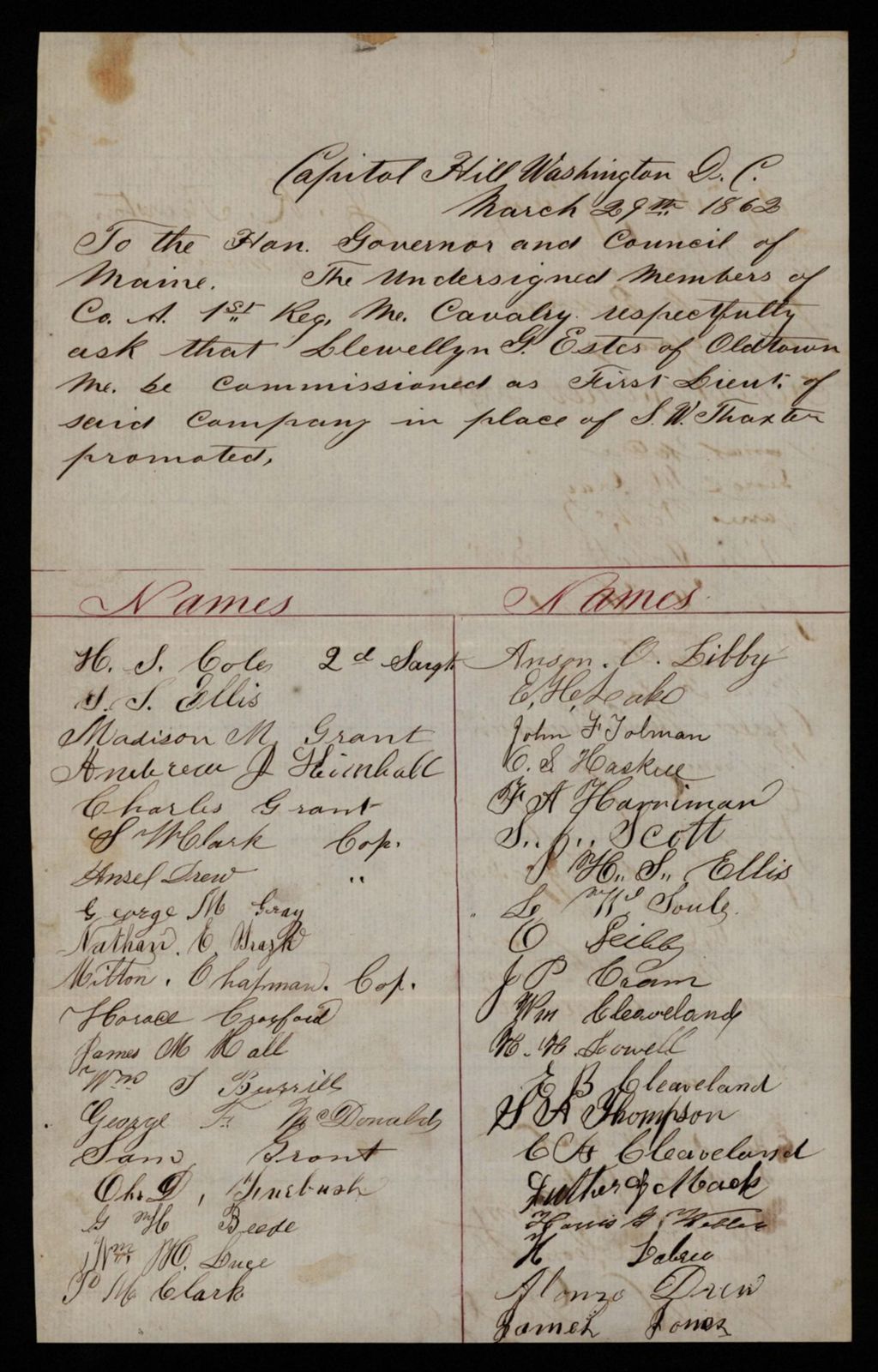 Miniature of Petition of Company A requesting that Llewellyn G. Estes of Old Town be commissioned as 1st Lieutenant