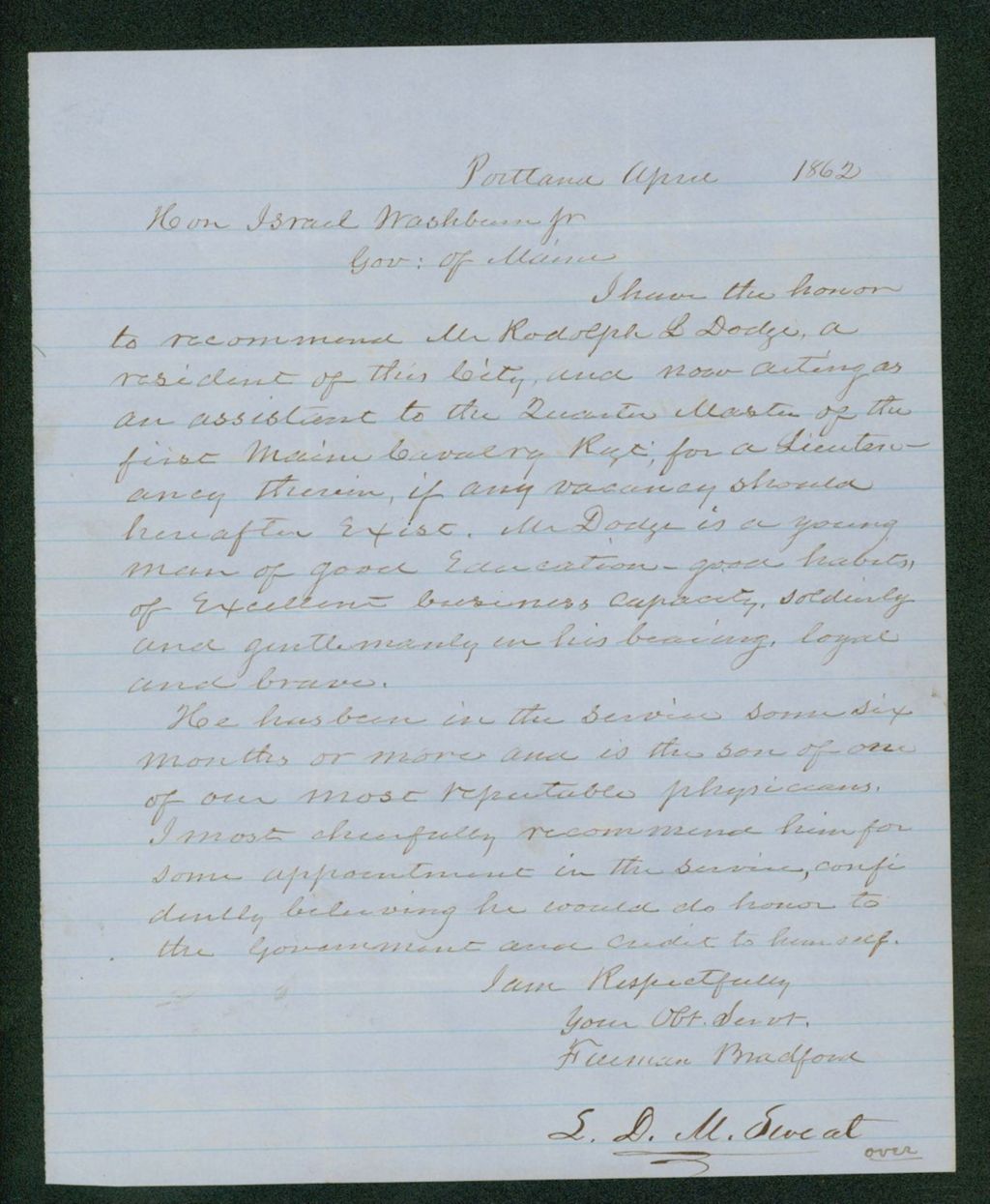 Miniature of Freeman Bradford recommends Rodolph Dodge for a position as lieutenant