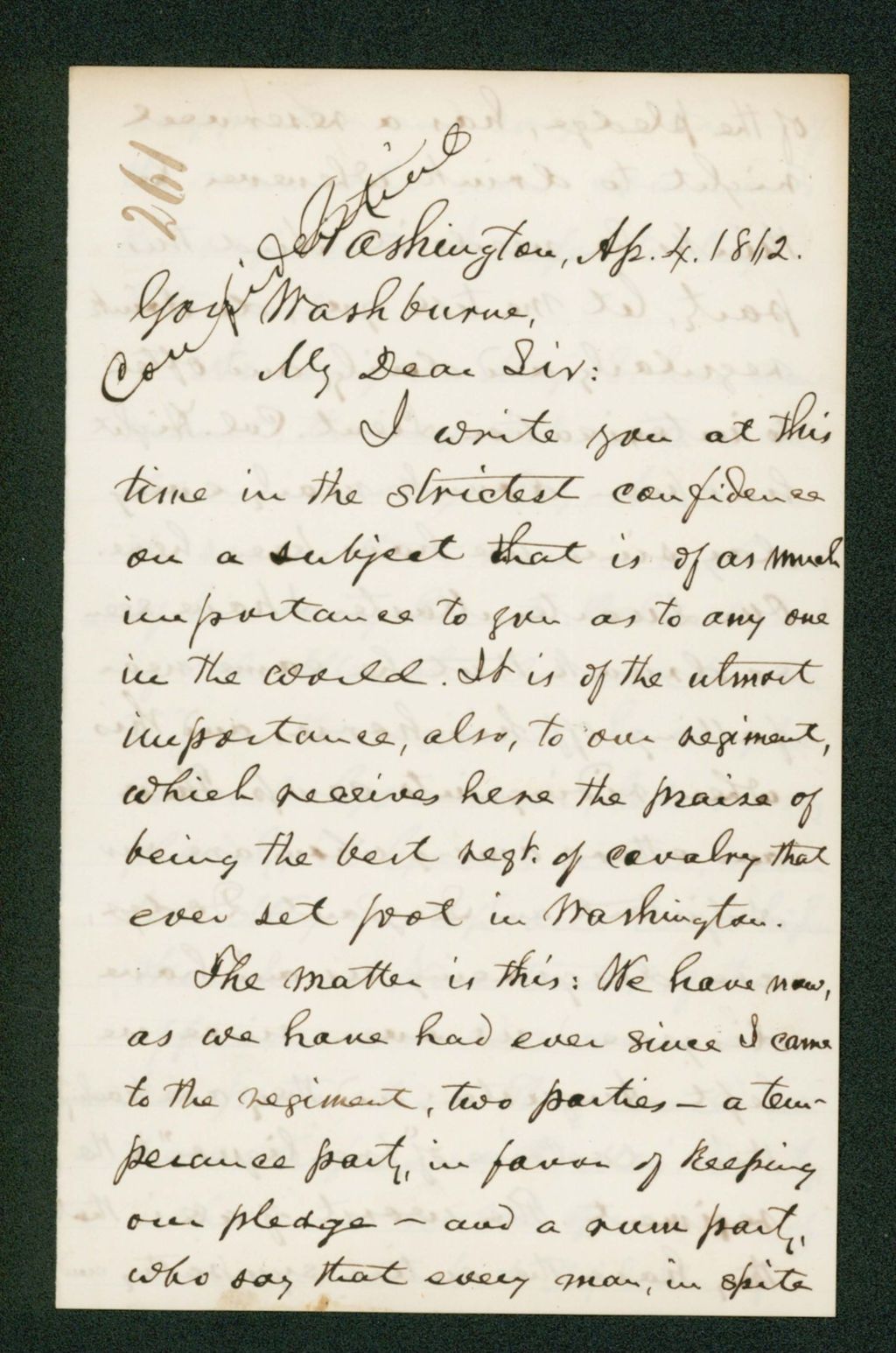 Miniature of Reverend B.F. Tefft writes Governor Washburn about drunkenness of Major Stowell and other officers