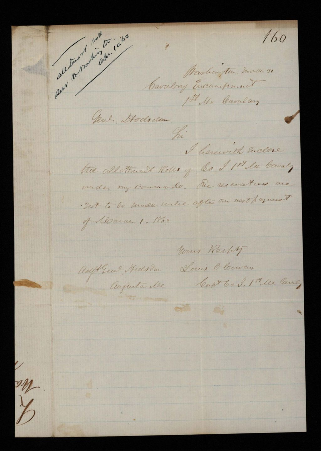 Miniature of Captain Louis Cowan  sends the allotment rolls of Company I