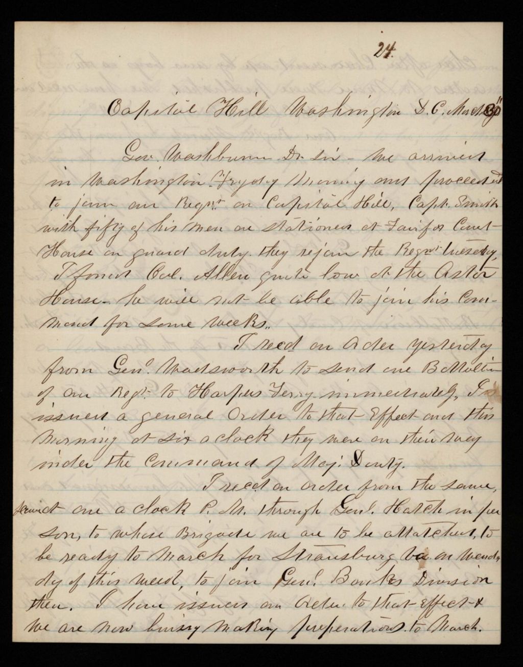 Miniature of Major Stowell informs Governor Washburn of the status of the regiment and of Colonel Hight's disappointment