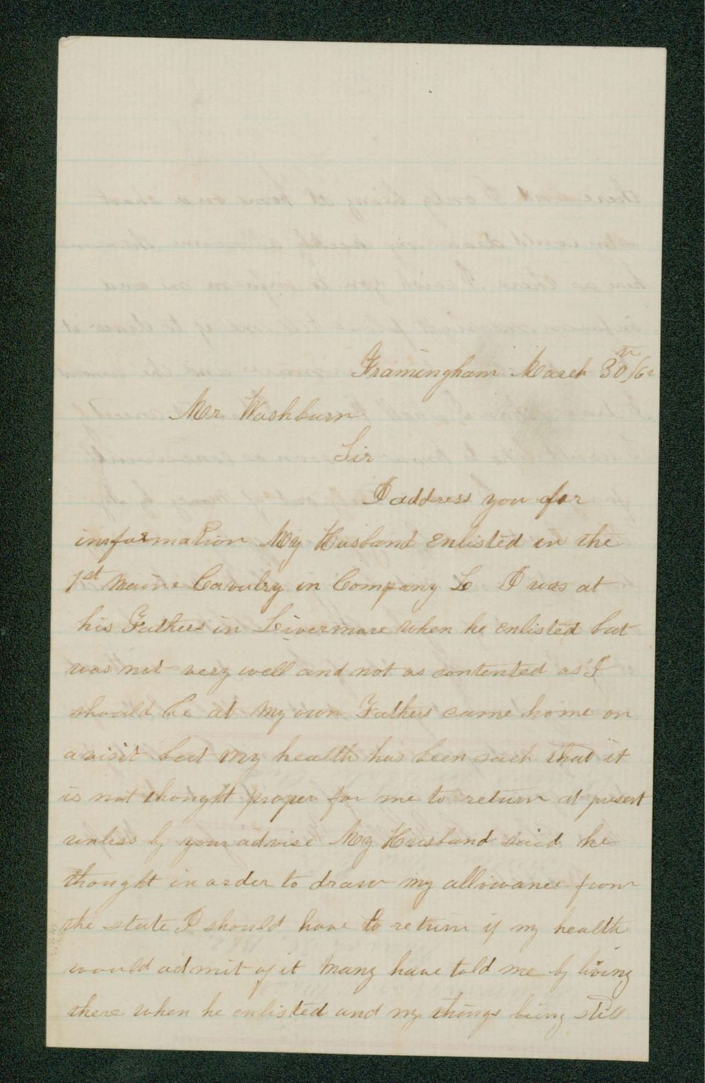 Miniature of Mrs. Elisha C. Fuller requests information about her husband's payment