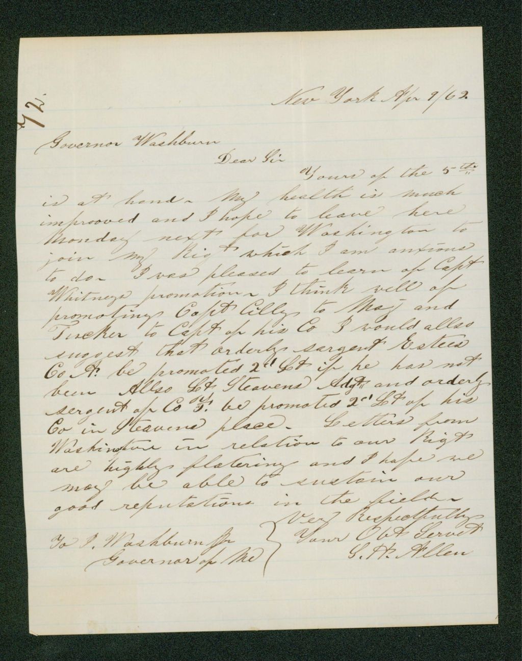 Miniature of Mr. Allen reports his health has improved, recommends several promotions