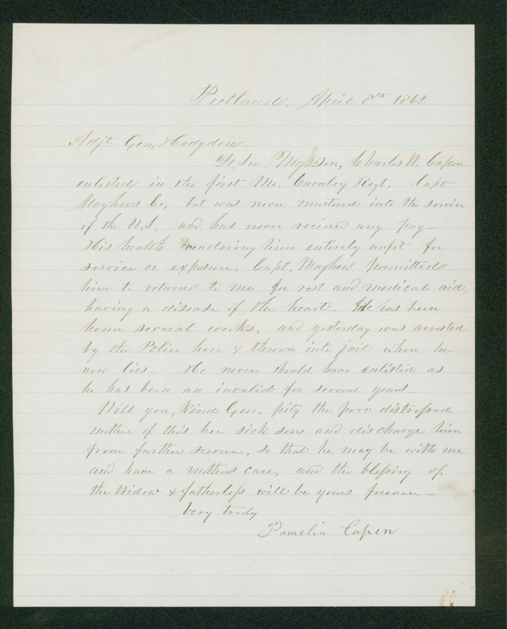 Miniature of Pamelia Capen requests aid for her invalid son Charles