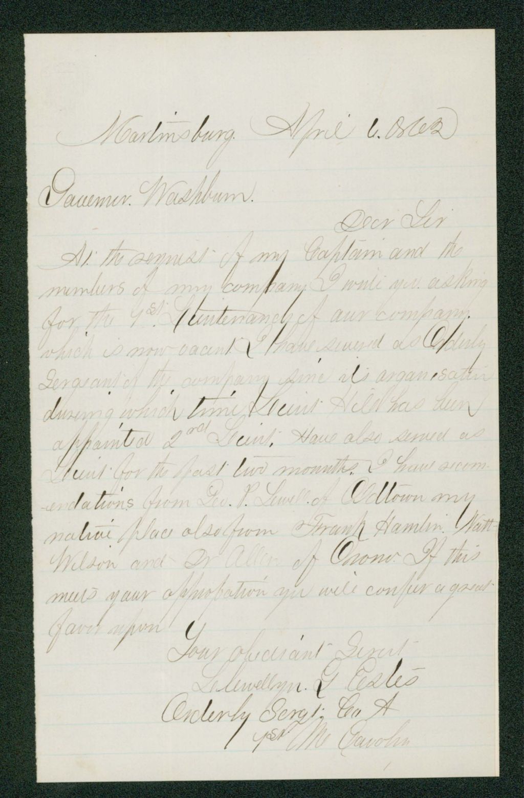 Miniature of Orderly Sergeant Llewellyn Estes requests promotion to 1st Lieutenant