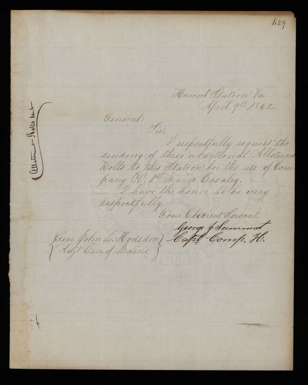 Miniature of Captain George Summat requests additional allotment rolls for Company H