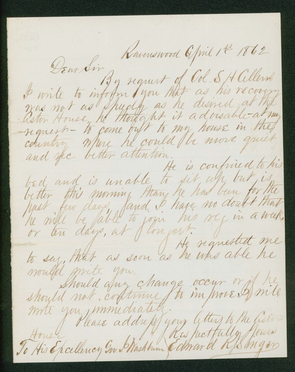 Miniature of Edward R. Singer writes Governor Washburn about the health of Colonel S.H. Allen