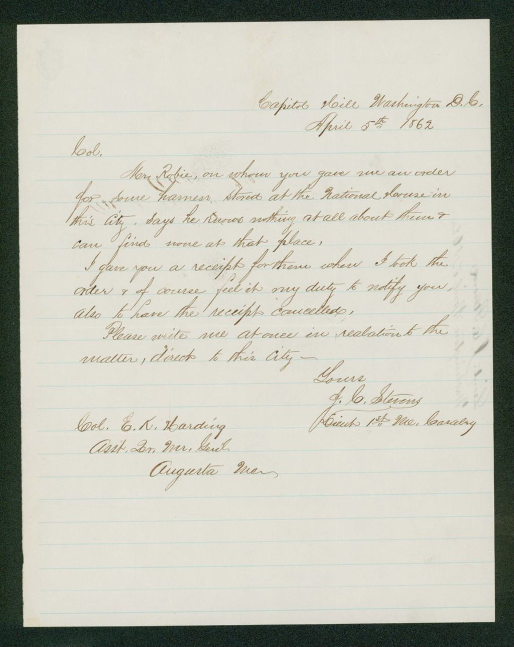 Miniature of Lieutenant J. Stevens writes Colonel E.K. Harding about lack of harnesses