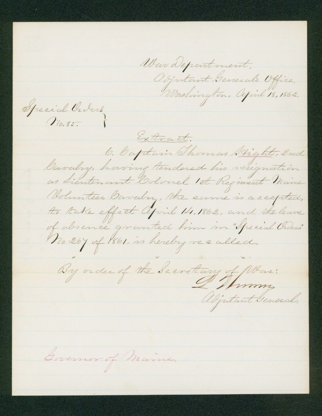 Miniature of Special Order 85 accepting the resignation of Captain Thomas Hight