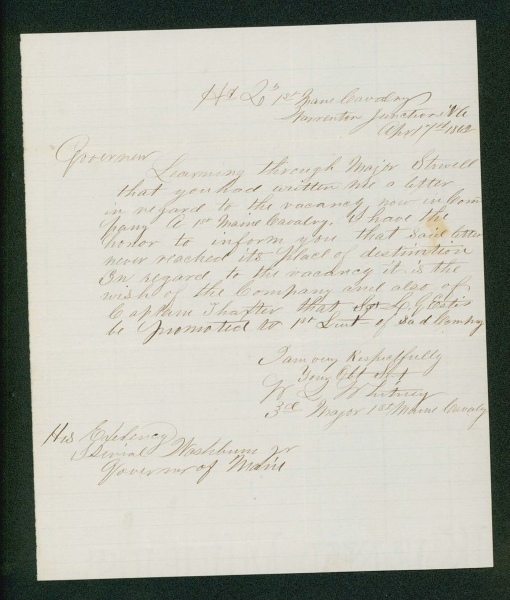 Miniature of Major W.L. Whitney recommends Sergeant Estes for promotion