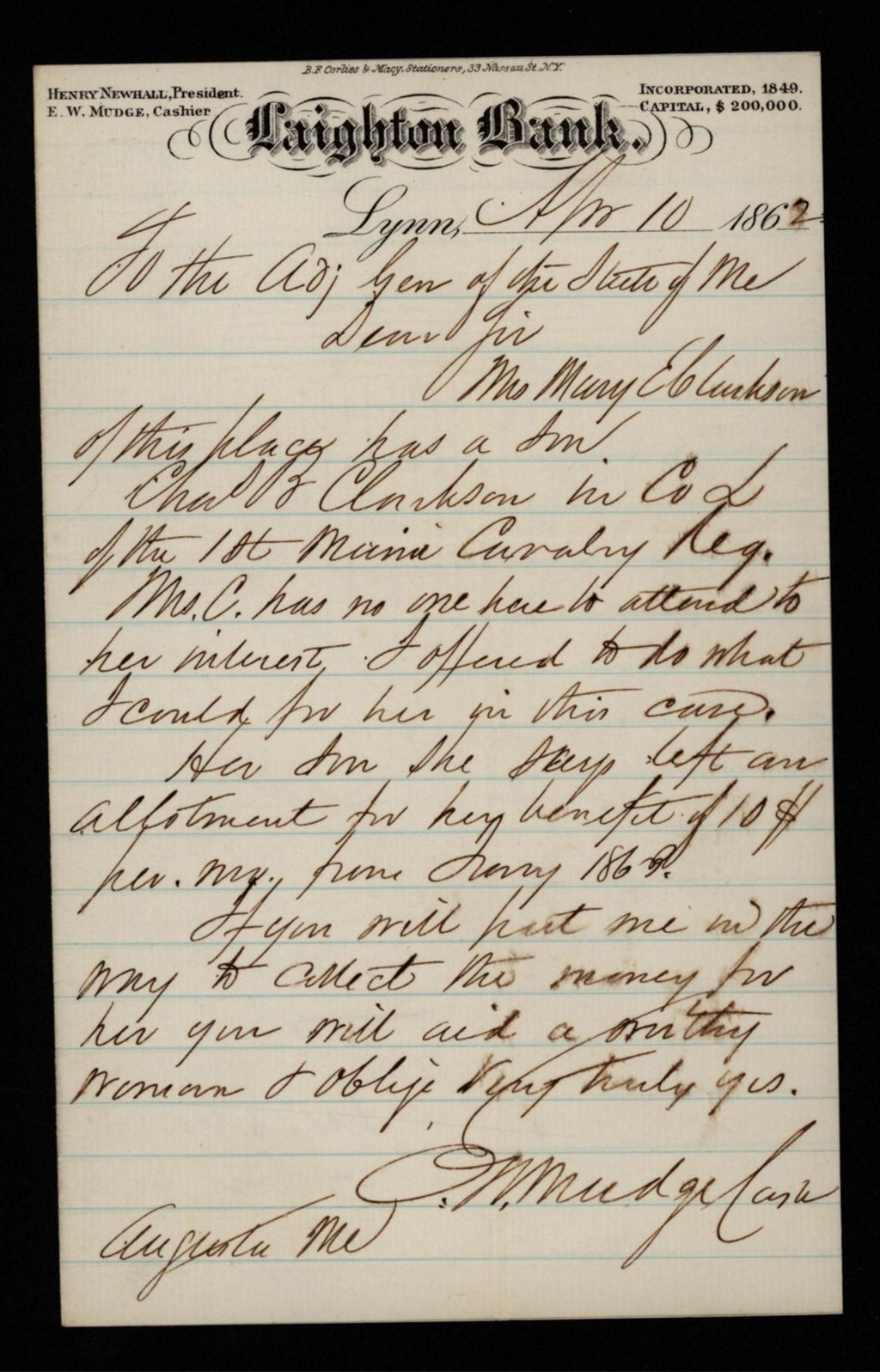 Miniature of E.W. Mudge writes for aid on behalf of Mrs. Mary E. Clarkson