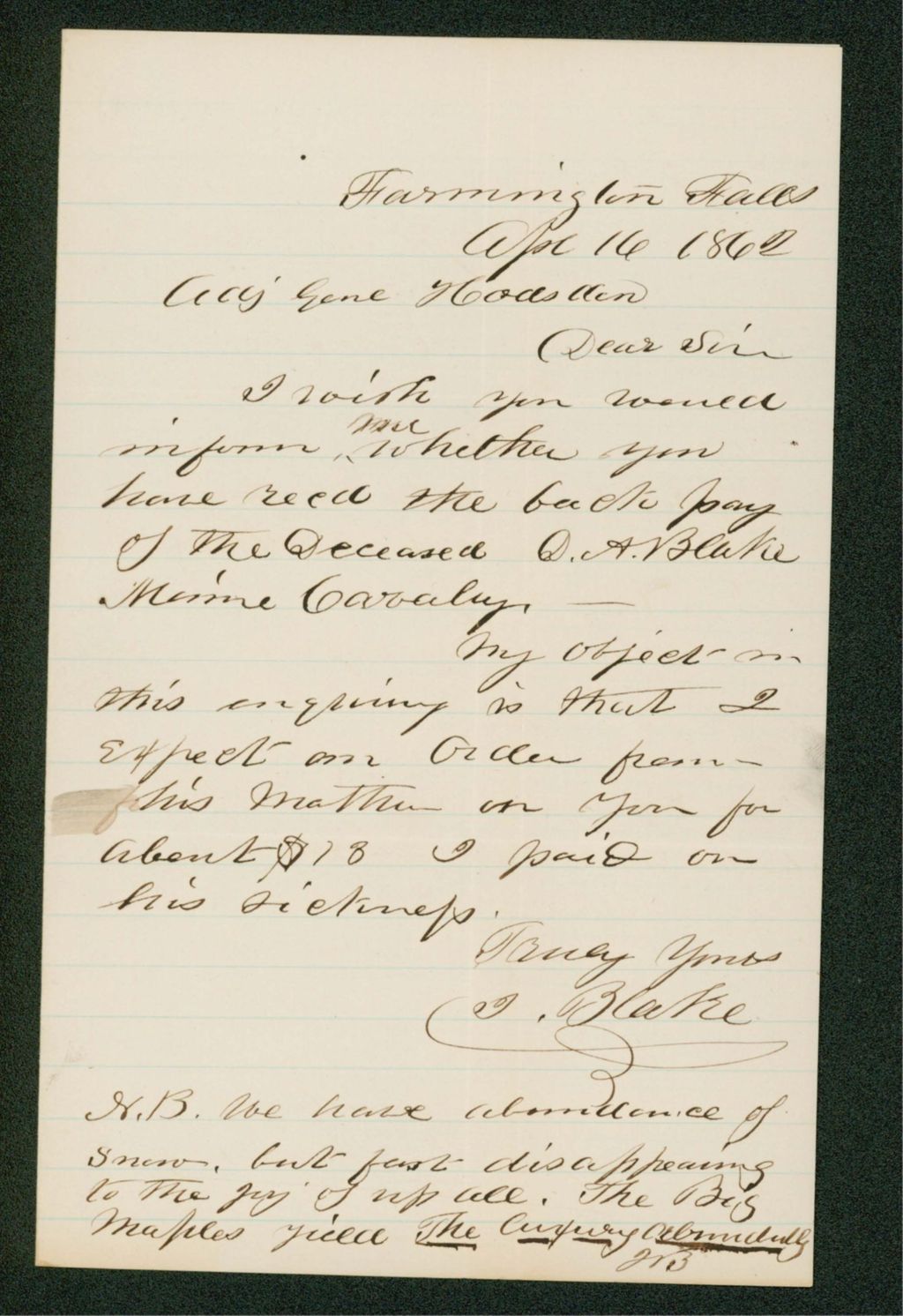 Miniature of Mr. Blake inquires about back pay for the deceased D.A. Blake