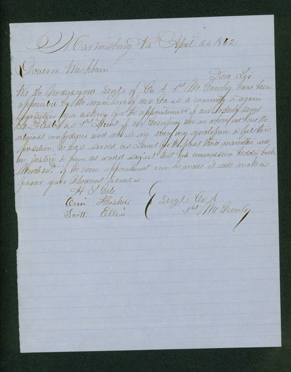 Miniature of Sergeants Cole, Haskell, and Ellis request appointment of Sergeant Estes as 1st Lieutenant