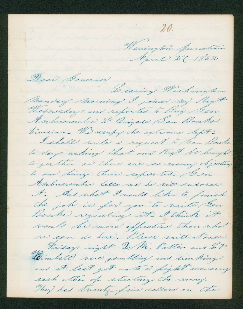 Miniature of S.H. Allen writes Governor Washburn about his return to the regiment