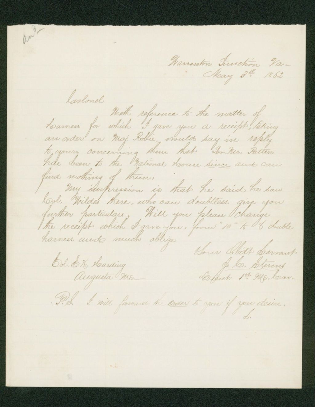 Miniature of Lieutenant Stevens writes Colonel Harding about harnesses