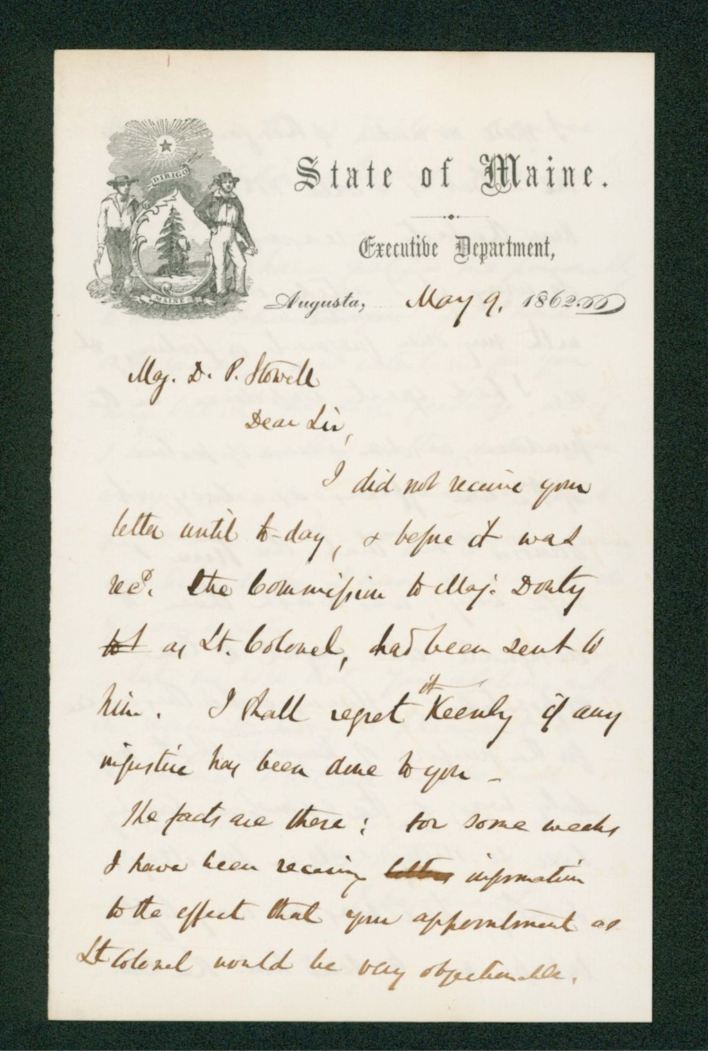 Miniature of Copy of letter from Governor Washburn to Major Stowell removing him from command