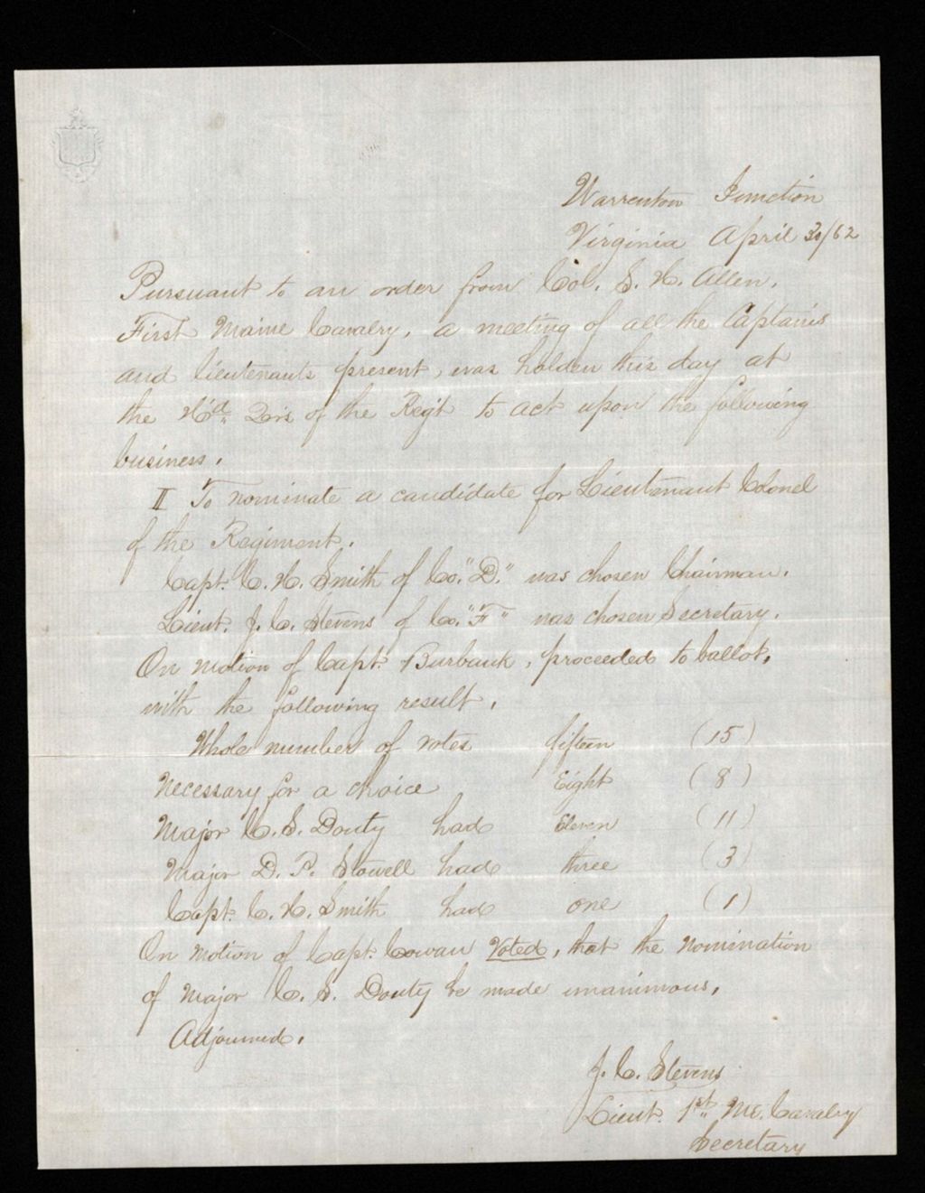 Miniature of Lieutenant Stevens forwards the results of the regimental election
