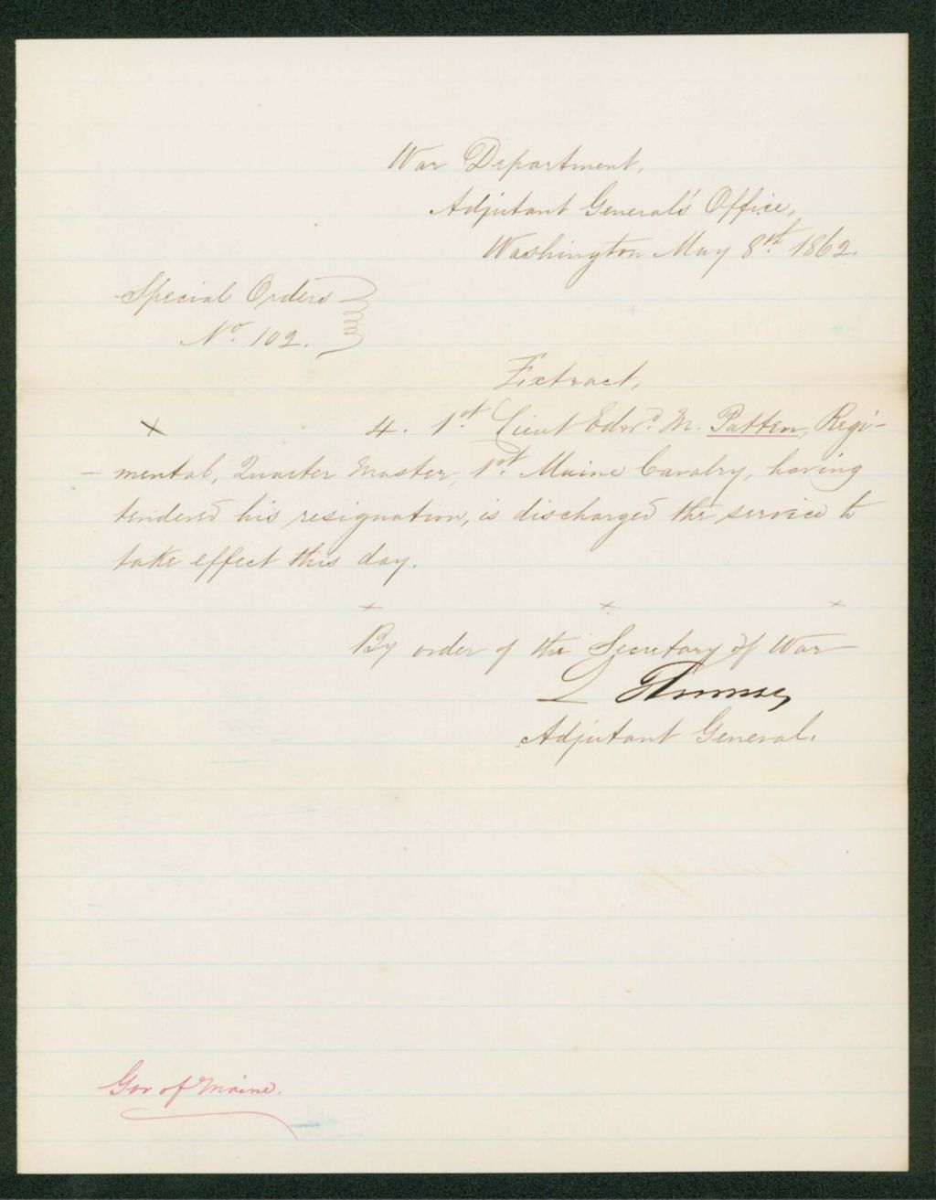 Miniature of Special Order 102 discharging Edward Patten from service