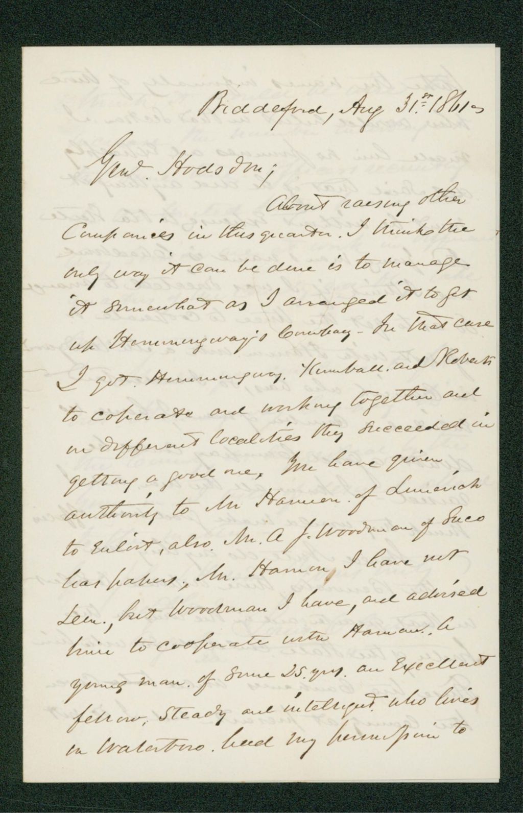 Miniature of Louis Cowan writes Governor Washburn about raising companies
